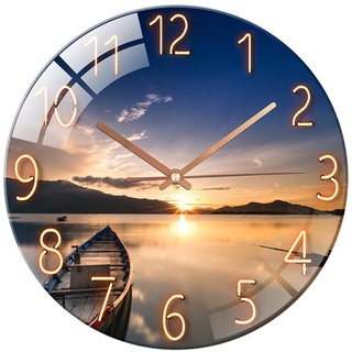 ALEENFOON Wanduhr aus Glas 30cm Lautlos Nicht Tickend Dekorative Runde Wanduhr für Wohnzimmer Küche Schlafzimmer Flur Büro (Sonnenuntergang)