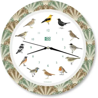 KOOKOO Singvögel Quarzwerk Feather Heart, Die Singende Vogeluhr, ist eine Uhr mit 12 heimischen Singvögeln und echten, natürlichen Vogelstimmen, 34cm