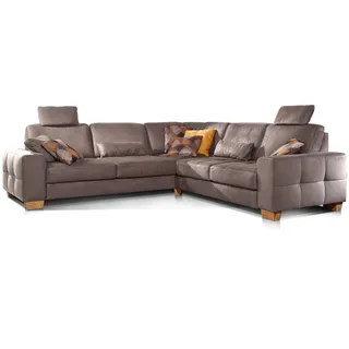 Cavadore Ecksofa Puccino mit Federkern, Bettfunktion, verstellbarer Rückenlehne und 2 Kopfstützen / Sofa gleichschenklig in L-Form im Landhaus-Design / 276 x 86 x 271 cm / Mikrofaser hellbraun