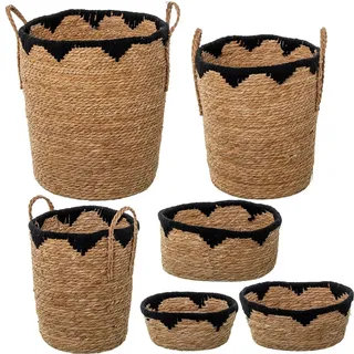 Set mit 6 Körben aus Seegras und natürlicher Baumwolle, schwarz, Ø 40 x 47 + Ø 34 x 42 + ø 28 x 37 + 34 x 25 x 16 cm