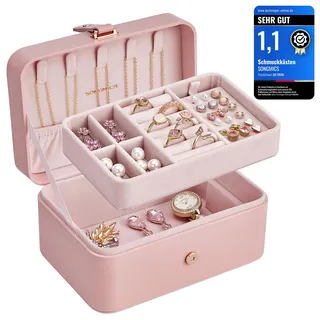 SONGMICS Schmuckkästchen Reise, Schmuckkasten klein, 2 Ebenen Schmuckaufbewahrung, tragbar, Schmuck-Reiseetui, für größere Accessoires, 11 x 16 x 8 cm, Geschenkidee, pastellrosa JBC166R01