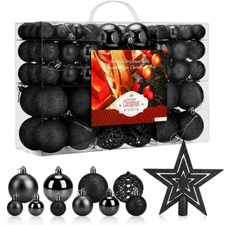 Aitsite 101 Stück Christbaumkugeln Schwarz Weihnachtskugeln 6CM/4 cm/2 cm Kunststoff Christbaumschmuck Wandbehang Ornamente Weihnachtsbaum Kugeln Flitter Tür Dekorationen Festival Dekore