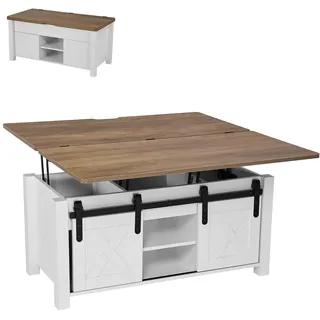 VEVOR Lift Top Couchtisch 100 cm, rustikaler Kaffeetisch mit Scheunentor & verstecktem Staufach, rechteckige Hubtischplatte für Wohnzimmer Büro Zuhause, Wohnzimmertisch Sofatisch Braun + Weiß