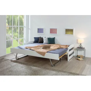 Inter Link – 2 in 1 Bett – Sofabett – 2 Liegeflächen 90 x 200 cm – Gästebett – Kinderbett – Jugendbett – Schlafzimmer – Massivholz – Stabil – Mit 2 Lattenrosten – Weiß - Vindas