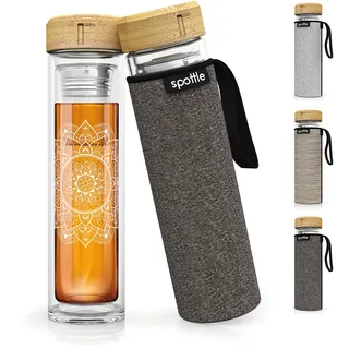 spottle Teeflasche Glas 450 ml & 1 L mit Siebeinsatz – doppelwandige Teekanne to go - Glasflasche mit Teeeinsatz und Schutzhülle für losen Tee & Infused Water – BPA-frei (Schwarz meliert, 450 ml)