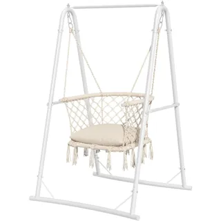 YITAHOME Hängesessel mit Gestell, Max. Belastung 150 kg, Stabiler Stahlrahmen, Hängeschaukel mit Kissen, 105x93x160 cm, Hängesessel mit 2 Haken für Terrasse, Balkon und Garten, Weiß