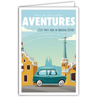 69-4341 Karte Start zu neuen Abenteuern mit Umschlag, Poster, Mini-Poster, Format 17 x 11,5 cm, Ruhestand Umzug Umzug Leben Reise Barcelona Spanien Auto Retro Vintage Blau