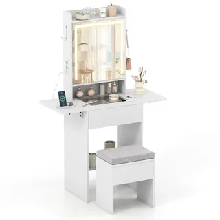 FANTASK Schminktisch mit LED-Beleuchtung, 94 x 41 x 147 cm, Kosmetiktisch Set mit Glasplatte, Steckdosen, Haken & klappbaren Seitenteilen, Frisiertisch mit Schminkhocker (Weiß)