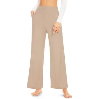 ACTINPUT Yogahose Damen High Waist - Straight Hosen Damen mit Taschen, Weites Bein Schlaghose Flare Leggings Sporthose Jogginghose Stoffhose Damen Elegant Sandfarben Laufhose Damen Lang(Beige,L)