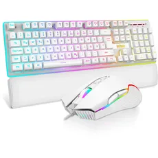 RedThunder K10 Gaming Tastatur und Maus Set, QWERTZ DE-Layout, Metallplatte und Handballenauflager,RGB-Hintergrundbeleuchtung - und 7D mit Ergonomische - für PC Mac Gamer(Weiß)