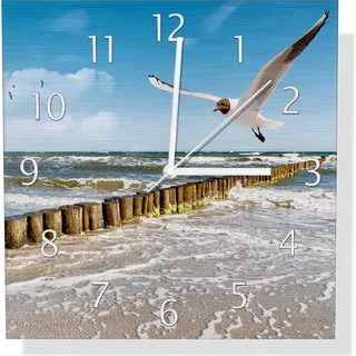 Wallario Design Wanduhr Fliegende Möwe am Strand aus Aluverbund, Größe 30 x 30 cm - Blau