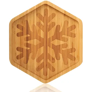 Kleine Bambus Servierplatte Weihnachten 25x22x1.5cm–Tablett Weihnachten in Schneeflocke-Form, Holz-Servierplatte für Kekse, Snacks & Festliche Tischdekoration