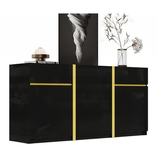 Beaok Sideboard 160/40/78 cm in Schwarz Hochglanz mit 3 Türen & 2 Schubladen , Holzwerkstoff , 160x78x40 cm , Kleinmöbel, Kommoden, Sideboards