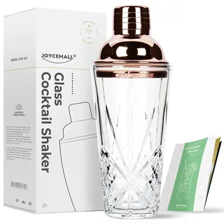 JOYCEMALL 400ML Crystal-Klarglas Cocktail Shaker - Lecksicher mit Edelstahl-Deckel (Messbecher-Design), Integriertem Sieb & Geschenkbox, Ideal für Zuhause Bar, Party & Whisky, Fruchtsäfte - Rosegold