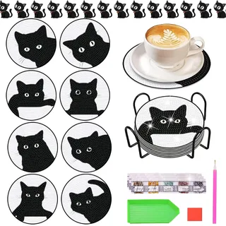 Diamond Painting Untersetzer Abstraktes Katze Mit Halter, 8 Stück DIY Diamant Art Tassenuntersetzer,Wiederverwendet Diamant Serviertablett für Tassen, Weingläser, Vasen und Heimküche