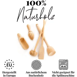 tuuli Küchenhelfer Set Küche Kochen aus Buchenholz (Quirl, Pfannenwender, Gewürzlöffel, Kartoffelstampfer, Zitronenpresse)