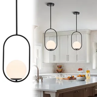 Alighting Pendelleuchte Schwarz mit Milchglas Kugel Ø15 cm, Höhenverstellbare Hängelampe Modern, E14 Glas Pendellampe für Esstisch, Küche, Schlafzimmer, ohne Leuchtmittel