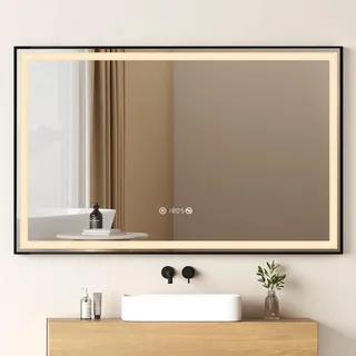EMKE LED Badspiegel mit Rahmen 120x70cm Badezimmerspiegel Lichtspiegel Wandspiegel mit Touch-Schalter, Beschlagfrei und Uhr - Schwarz