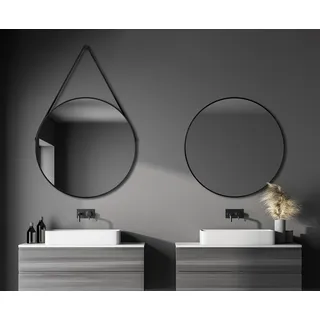 Wandspiegel rund Talos Black Style Matt Ø 80 cm - Badspiegel mit Aufhängegurt in Lederoptik - hochwertiger umlaufender Aluminiumrahmen in schwarz - Badezimmerspiegel - Schwarz