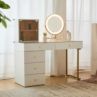 Schminktisch-Set mit LED-beleuchtetem Spiegel, transparenter Tischplatte aus gehärtetem Glas, Schminktisch-Seite und Schrank, elegante Möbel, weiß, Maße: 120 x 45 x 115 cm(ohne Hocker) - Weiß