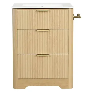 Freistehendes Badmöbel - Waschtischunterschrank - 61 cm - Keramik-Aufsatzbecken - MDF - Beidseitig montierbarer Toilettenpapierhalter - Ohne Armatur - Naturholz