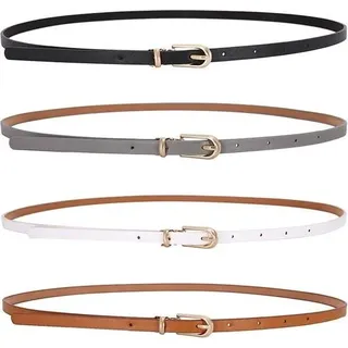 Schmaler Damen-Ledergürtel für Kleider - Dünner Taillengürtel mit Metallschnalle - Jeans- und Anzughosen - 4-teilig (Schwarz/Weiß/Grau/Camel).