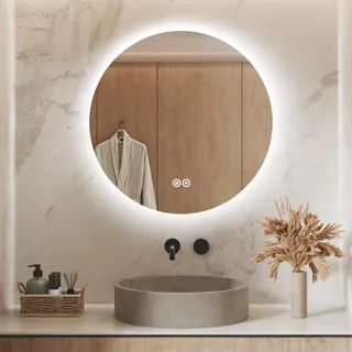S'AFIELINA LED Badspiegel Rund Badezimmerspiegel Wandspiegel mit Touch-Schalter,3 Lichtfarbe 3000/4000/6500K 70 cm - Transparent