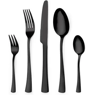 Unyqoos® 30-teiliges Besteckset für 6 Personen – matt schwarzes Titanium-Besteck, Edelstahl, spülmaschinenfest - Schwarz
