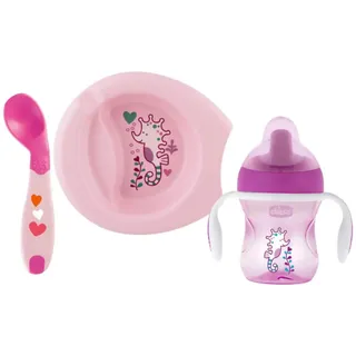 Chicco Geschenkset 6+, Baby Geschirrset enthält 2-teiligen Babyteller, Trinkbecher und Entwöhnungslöffel, Babybesteck 6+ Monate