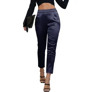 heipeiwa Damen-Satin-Hosenkleid, leger, plissiert, zum Überziehen, hohe Taille, Hose mit Taschen, Drape Blau Navy, X-Groß