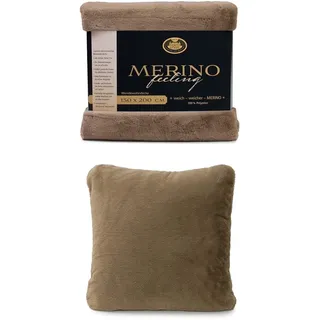 Gözze Wendewohndecke Merino und 2er Set Merino-Kissenhülle, 150x200 cm + 50x50 cm, Farbe: Taupe