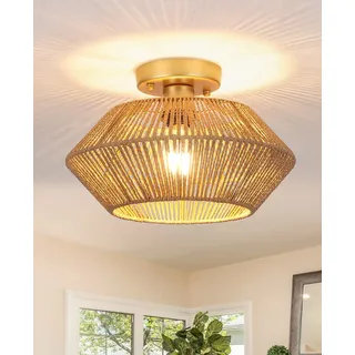 MRHYSWD Boho Deckenlampe Wohnzimmer Schlafzimmer Flur KüChe, 1-Flammige Rattan Deckenleuchte E27 Hängeleuchten & Pendelleuchten Bambus Kronleuchter Gold, Ohne GlüHbirne