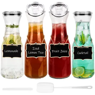 Belle Vous 4er Set Glaskaraffe mit Deckel - 1.1L Karaffe für Saft oder Eistee - Für heiße und kalte Getränke - Wasserkaraffe mit Deckel für Brunch oder Cocktails - Karaffe Glas