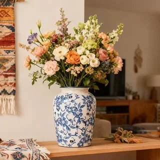 orenm Vase Keramik Blau Weiß – Deko Vase Vintage, Porzellan Vase für Wohnzimmer Tischdeko,Esstisch & Fensterbank 20cm Höhe