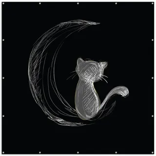 Wallario XXL Outdoor-Poster für Garten oder Balkon, Motiv Katze sitzt auf dem Mond - illustriert in weiß auf schwarz, in ca. 200 x 200 cm - Gelb