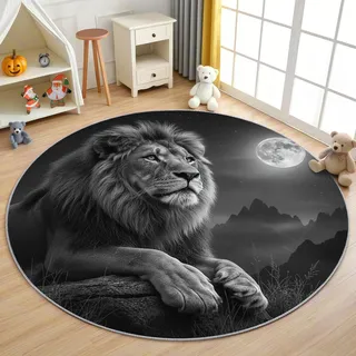 AevuCub Löwe Teppich Rund 90 cm Kurzflor - Waschbare Teppiche Wohnzimmer Modern Tiermotiv Löwe Kinder - Runder Teppich 90 Durchmesser Kinderzimmer - Bettvorleger Schlafzimmer rutschfest Weich