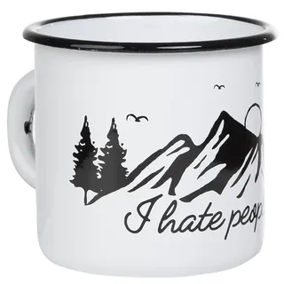 MUGSY I Emaille Tasse I Hate People mit Berg Motiv, Weiß, Camping Tasse mit Spruch, Emaille Becher, bruchfest I 330ml