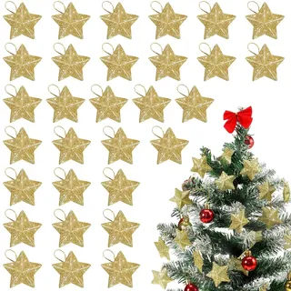 DazzJoy 30 Stück Glitzer Sterne zum Aufhängen Gold, Sterne Weihnachtsbaum Deko, Weihnachtsbaumschmuck Weihnachtssterne, Weihnachtsanhänger Stern, Christbaumschmuck Stern für Neujahr, Weihnachten Deko