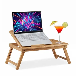 Relaxdays Laptoptisch fürs Bett, Bambus Notebooktisch m. Schublade, HxBxT: 30 x 69 x 35 cm, Natur