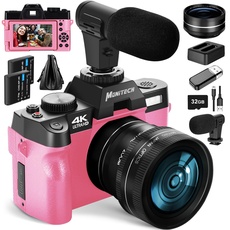 Mo nitech Digitalkamera für Fotografie und Video, 4K 48MP Vlogging Kamera für YouTube mit 180° Flip Screen, 16X Digitalzoom, 52mm Weitwinkel- & Makroobjektiv, 2 Batterien, 32GB TF Card(Pink)-PK