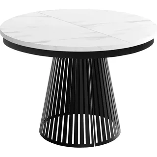 Esstisch Rund Ausziehbar mit Lamellen im Loft-Stil – 100 bis 180 cm – Industrieller Tisch mit Schwarzen Metallbeinen, Platzsparend für Wohnzimmer oder Esszimmer – Marmor Weiß - Weiß