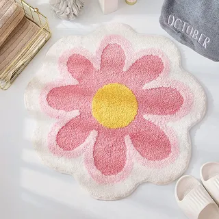 Justup Rosa Blumen-Badezimmerteppich, 65x65cm Weiche Antirutsch Badematte | Wasserabsorbierende, Rutschfeste Badematte mit Blumenmotiv, Maschinenwaschbar, Runde Fußmatte für Badezimmer, Duschraum