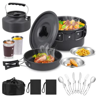 BILIPLE Camping Kochgeschirr Set Outdoor Geschirr Set Faltbare Kochtopf Set Stieltopf Pfanne Teekanne für Outdoor Picknick Camping Wandern (14-teiliges) (14-teiliges)