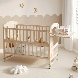 MODFU Mehrfunktionales Babybett 120x60 mit Wickeltisch Bettgestell mit Rollen Holzbett klappbarem Ablagerack ohne Matratze Natur