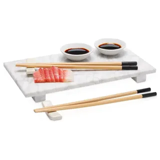 Excellent Houseware | Sushi Set 9-teilig - Marmor Servierbrett - Porzellan Schalen & Bambusstäbchen - Weiß