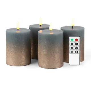 Fanna 4 LED Flammenlose Echtwachs kerzen Rustikale Design, Batteriekerzen mit Timer für Weihnachten Dekorationen und Advent, Fernbedienung und Batterien enthalten - H 10cm - Blau/Kupfer