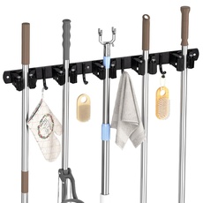 Carehabi 5 Besenhalter mit 4 Haken, Besenhalterung Wandhalterung Besen Mop Halter ohne Bohren oder Bohren, Selbstklebend Werkzeughalter Organizer für Garage,Garten,Abstellkammer,Küche,Badezimmer