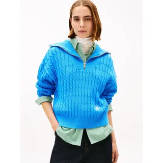 Troyer TOMMY HILFIGER "CO CABLE MID GG 1/2 ZIP LS SWT", Damen, Gr. S (36), mesmerizing blau, Strick, Obermaterial: 100% Baumwolle, unifarben, regular fit, Rippbündchen, Pullover Troyer, mit Zopfmuster