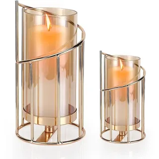 Windlicht 2er Set Kerzenständer Deko,Glaszylinder Mit Metall Boden (Gold) | Vintage Tischdeko, Modern Kerzenständer Geometrisch für Wohnzimmer, Esstisch, Garten Dekoration