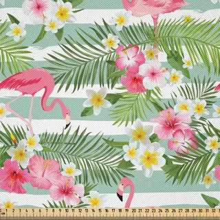 ABAKUHAUS Flamingo Satin Stoff als Meterware, Flamingos Mit Exotischen Hawaiien Blättern Blüht Auf Gestreiftem Vintage Hintergrund, 2 M (148 x 200 cm), Grün Weiß Rosa - Rosa